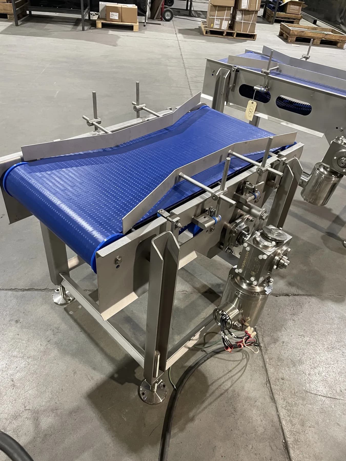 Three-quarter view of guided blue belt conveyor